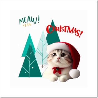 Meaw Cat in Santa hat with christmas tree Posters and Art